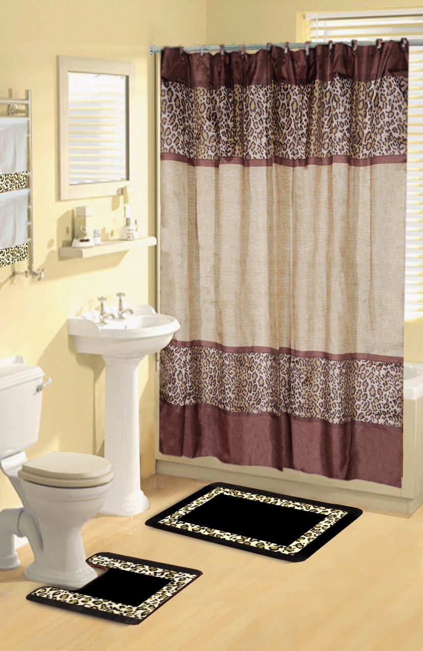 Home Dynamix Boutique Deluxe Shower Curtain and Bath Rug Set: BOU 5 Leopard: 17 Piece Bath Set