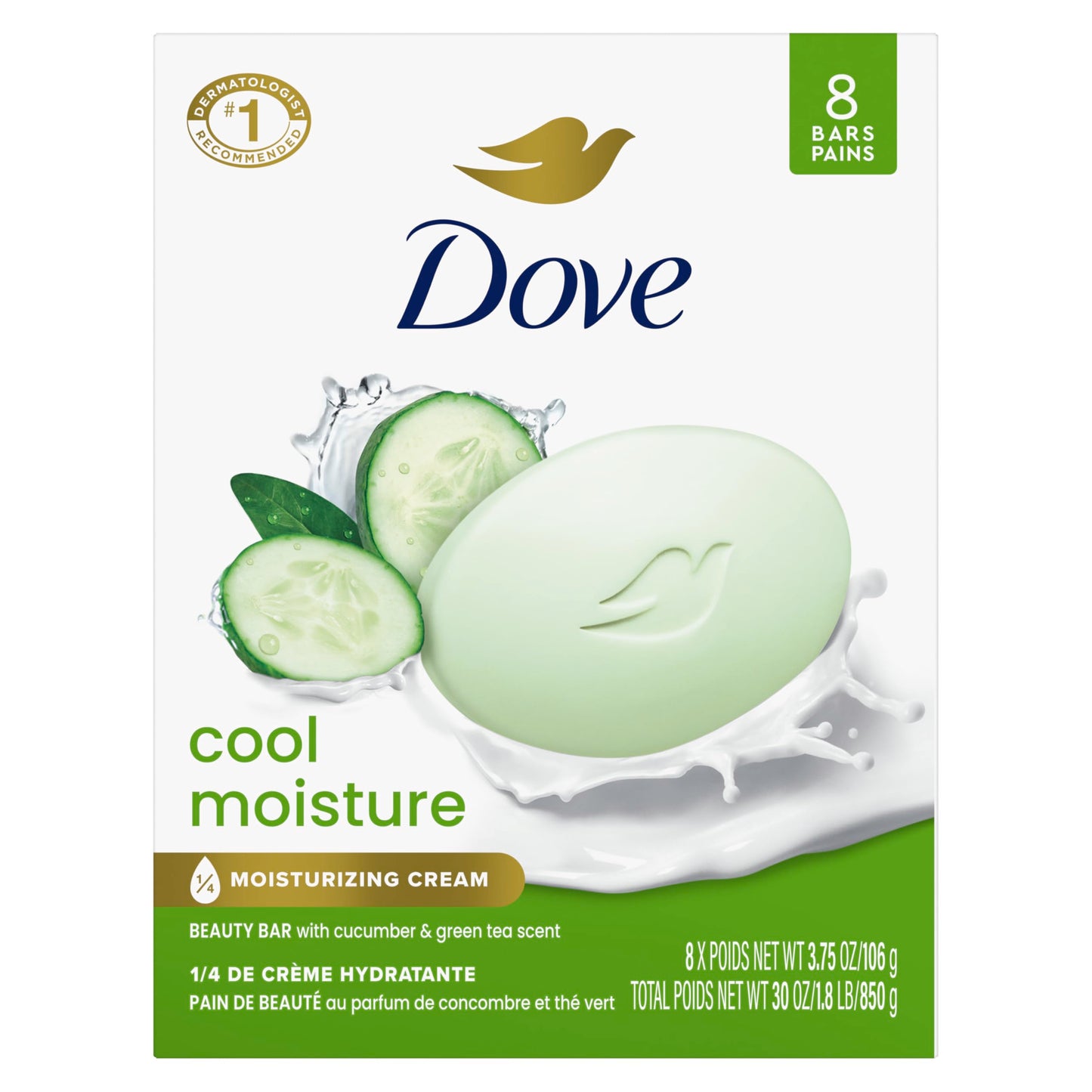 Dove Beauty Bar Soap Cool Moisture Cucumber & Green Tea Scent, 8 Bars for Refreshed Skin, Leaves Skin Refreshed 8 x 3.75 oz