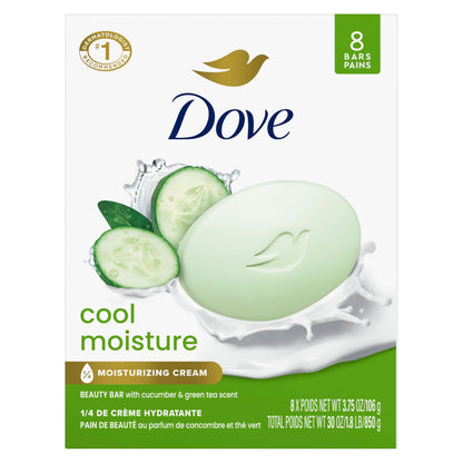 Dove Beauty Bar Soap Cool Moisture Cucumber & Green Tea Scent, 8 Bars for Refreshed Skin, Leaves Skin Refreshed 8 x 3.75 oz