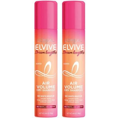 L'Oreal Paris Elvive Dream Lengths Air Volume Dry Shampoo Instantly Absorbs Oil, Long-Lasting Clean Feel, No White Residue, Instant Body, Sulfate, Paraben, Dye, Silicone Free Pack of 2, 8.32 oz