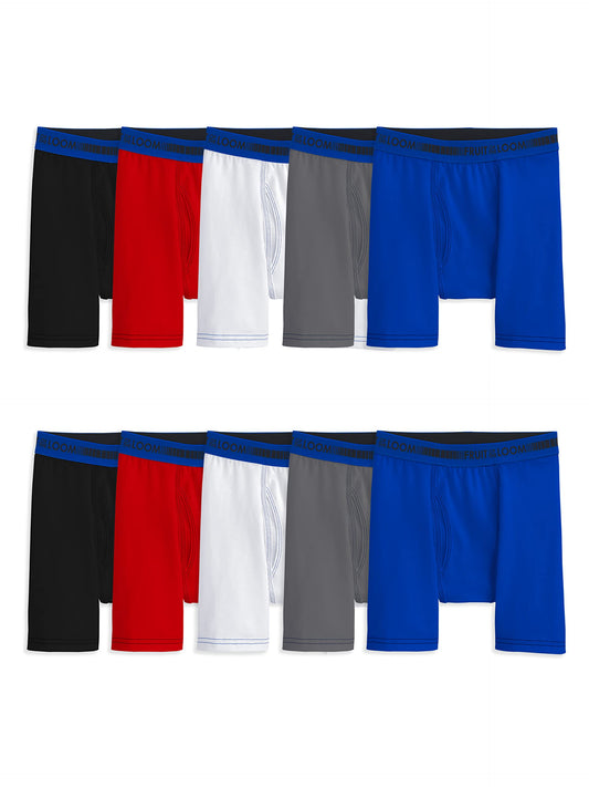 Fruit of the Loom 360 Boxer Briefs, Boys-10 Pack-Cotton Stretch-Black/Red/Blue, Large
