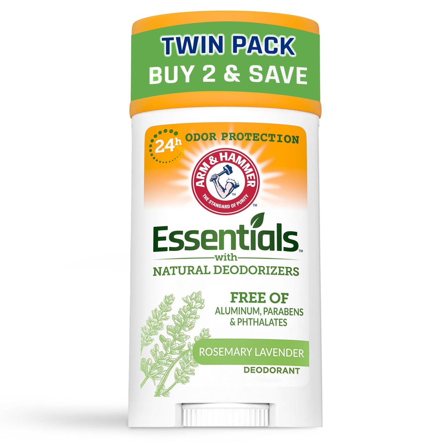 ARM & HAMMER Essentials Deodorant- Rosemary Lavender- Solid Oval- Twin Pack (Pack of 2/ 2.5oz)- Made with Natural Deodorizers- Free From Aluminum, Parabens & Phthalates