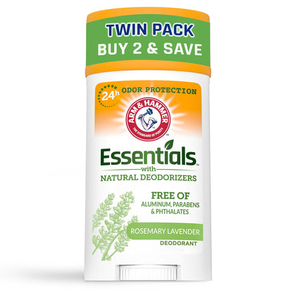 ARM & HAMMER Essentials Deodorant- Rosemary Lavender- Solid Oval- Twin Pack (Pack of 2/ 2.5oz)- Made with Natural Deodorizers- Free From Aluminum, Parabens & Phthalates