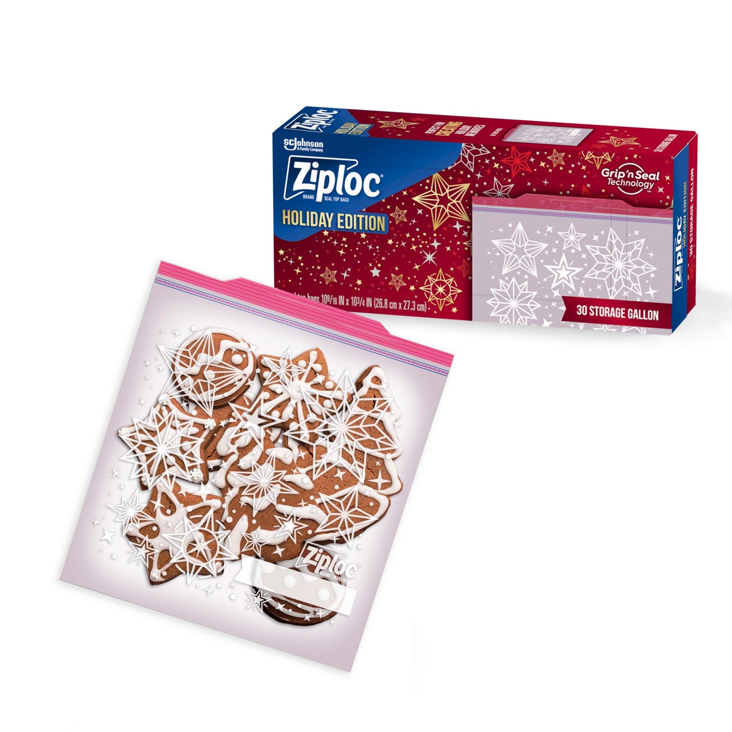Ziploc Gallon Food Storage Bags, Grip 'n Seal Technology for Easier Grip, Open, and Close, 120 Count, Holiday Designs