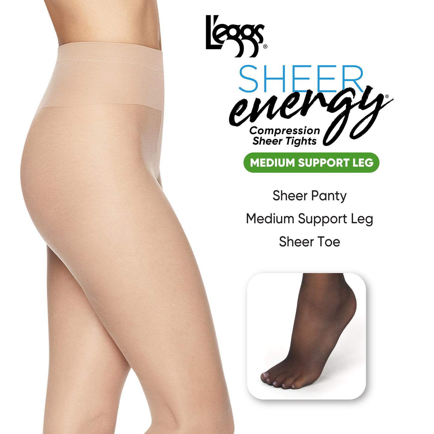L'eggs Women's Energy Standard-Panty Sheer Toe Nylon Pantyhose, Suntan, Queen