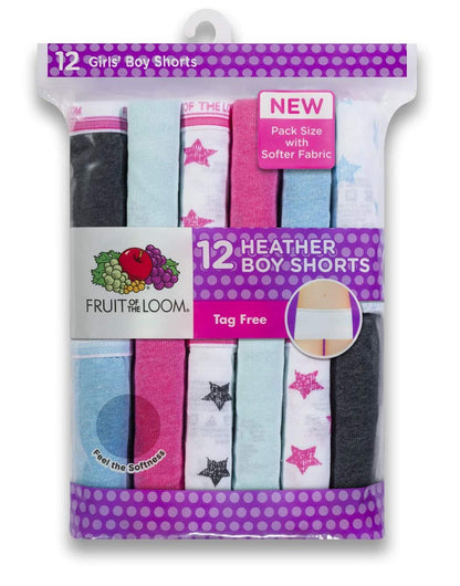 Fruit of the Loom Girls' Assorted Boyshort Underwear (12 Pack - Heather Assorted, 14)