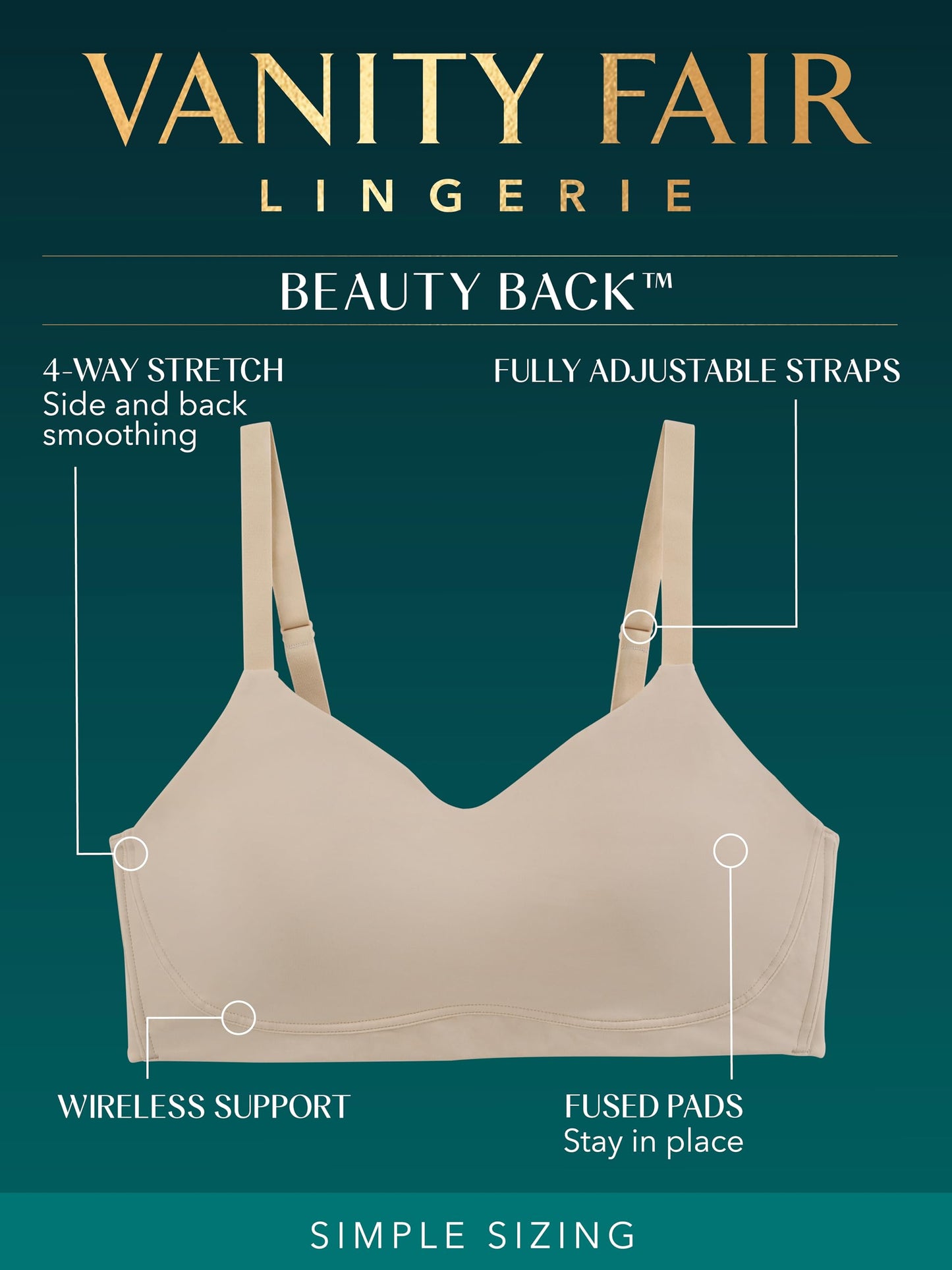 Vanity Fair Women's Beauty Back Smoothing Wireless Bra, Comfort and Support, Simple Sizing Available S-3XL, Flushed Fig