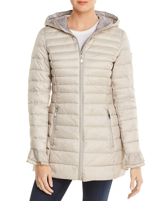 T Tahari Women's Maya Ruffled Puffer Packable Coat With Ruffles Champagne (L)