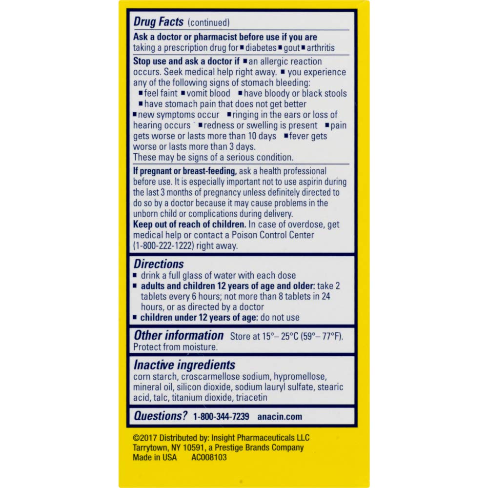 Anacin Fast Pain Relief Pain Reducer Aspirin Tablets, 300 Tablets, (Pack of 3)