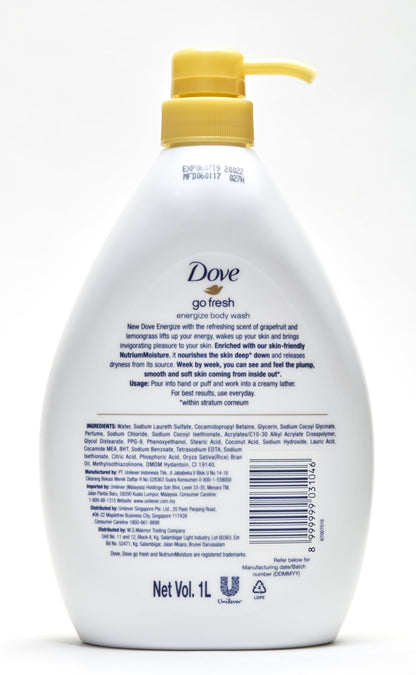 Dove Go Fresh Energize Body Wash, Grapefruit and Lemongrass Scent, 33.8 Ounce (1 Liter) International Version