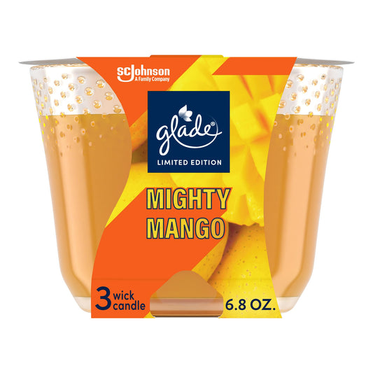 Glade 3-Wick Scented Candle Jar, Mighty Mango, Air Freshener Infused with Essential Oils, 6.8 Oz, 3 Count