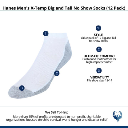 Hanes Men's, X-Temp Cushioned No Show Socks, 12-Pack, White, 12-14