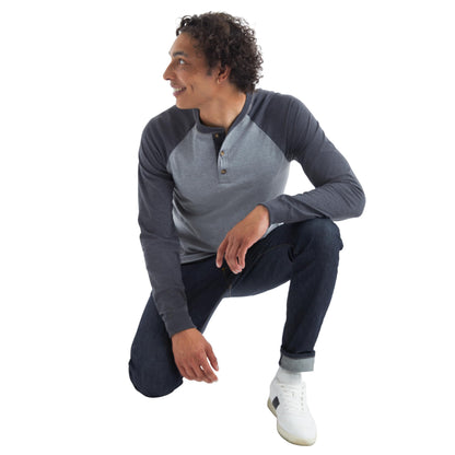 Hanes mens Beefy Long Sleeve Three-button Henley Shirt, Oxford Gray/Navy Heather, Large US