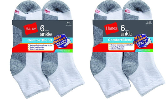 Hanes Mens Comfortblend Max Cushion 12-Pack White Ankle Socks