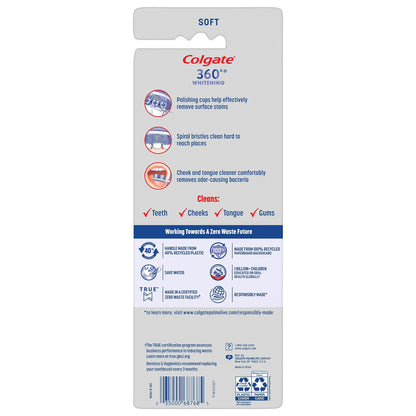 Colgate 360 Optic White Whitening Toothbrush, Adult Soft Toothbrush with Whitening Cups, Helps Whiten Teeth and Removes Odor Causing Bacteria, 4 Pack