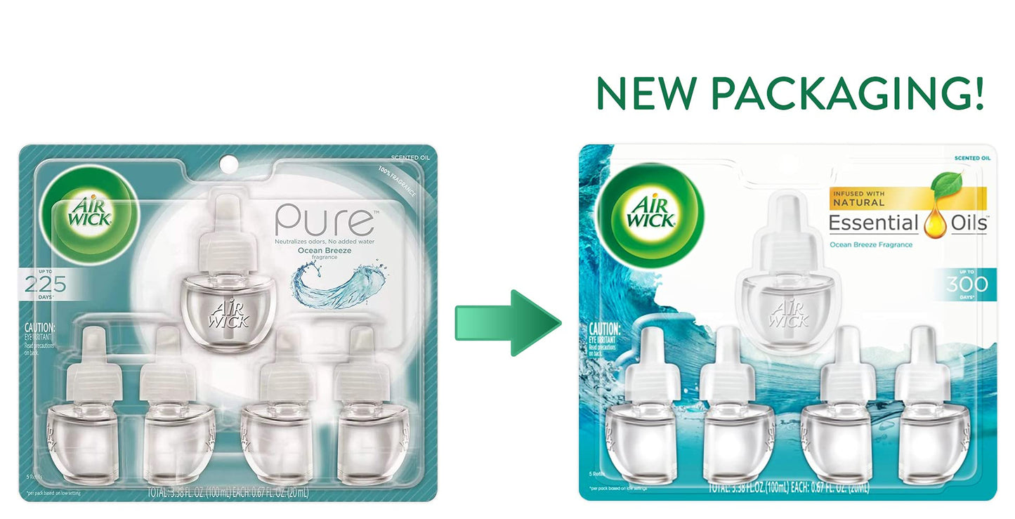 Air Wick plug in Scented Oil 5 Refills, Ocean Breeze, (0.67oz each), New look, Packaging May Vary, Essential Oils, Air Freshener, 5 Count (Pack of 1)