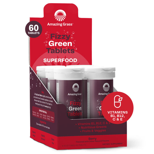 Amazing Grass Fizzy Green Tablets Superfood Berry: Green Superfood Water Flavoring Tablet with Antioxidants & Alkalizing Greens, 60 Count