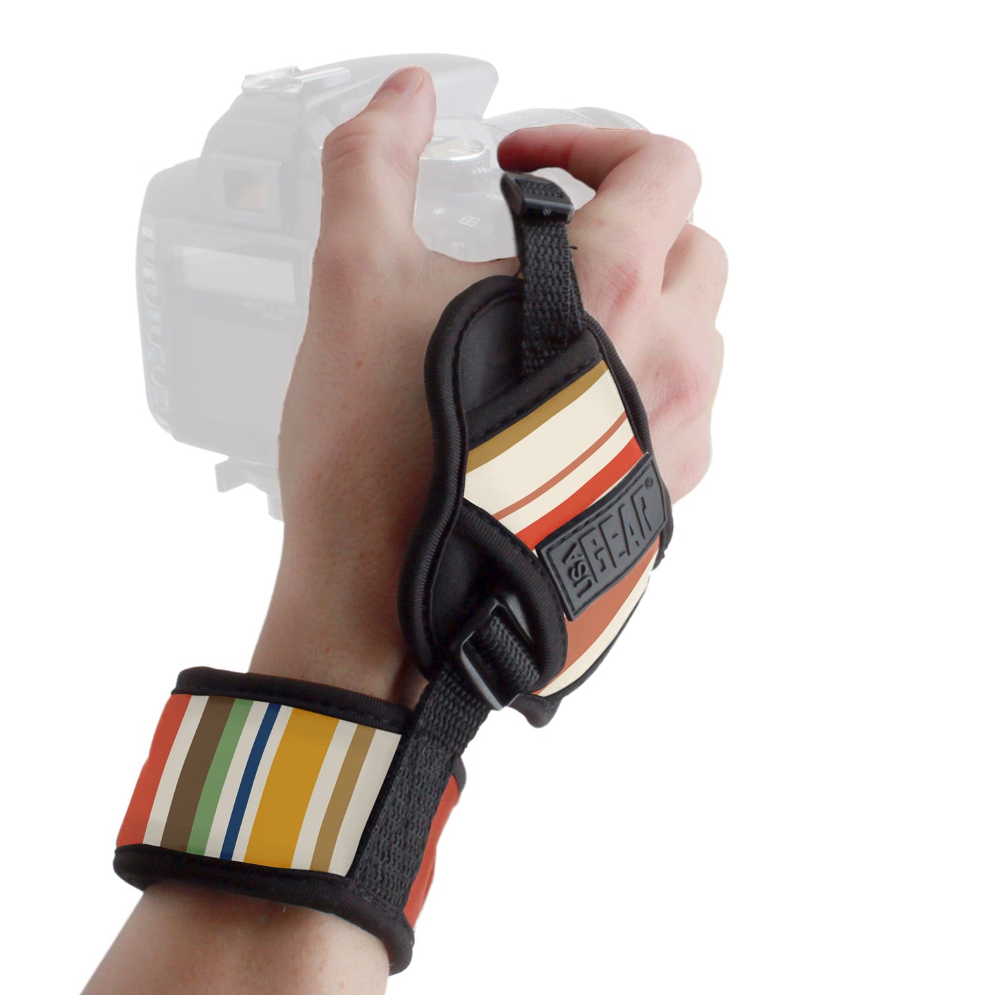 USA GEAR DualGRIP Professional Grip Camera Hand Strap with Neoprene Design and Metal Plate - Compatible with Canon, Fujifilm, Nikon, Sony, and More DSLR, Mirrorless, Point & Shoot Cameras (Striped)