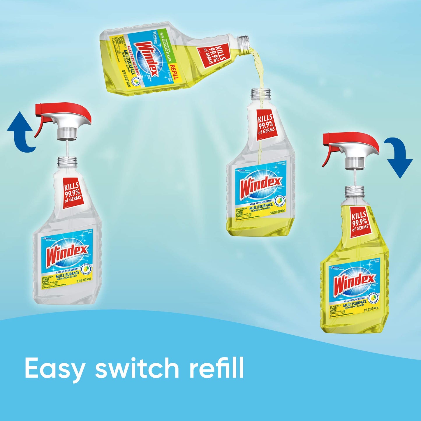 Windex Refill Multipurpose Cleaner Disinfectant Spray, Bottle Made from 100% Recycled Plastic, Surface Cleaning Spray, Citrus Fresh Scent, 32 Fl Oz