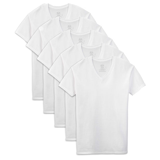 Fruit of the Loom 5-Pack Men's White 100% Cotton V-Neck T-Shirts (Large (Chest 42"-44"))