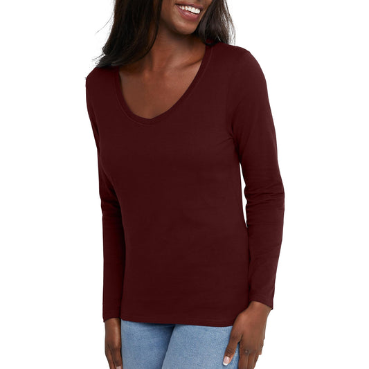 Hanes Comfortblend Women's Originals Long Sleeve Cotton T-Shirt, Lightweight V-Neck Tee, Modern Fit, Mulled Berry