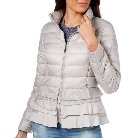 T Tahari Women's Zoey Ruffle Bottom Packable Jacket Coat, Silver (L)