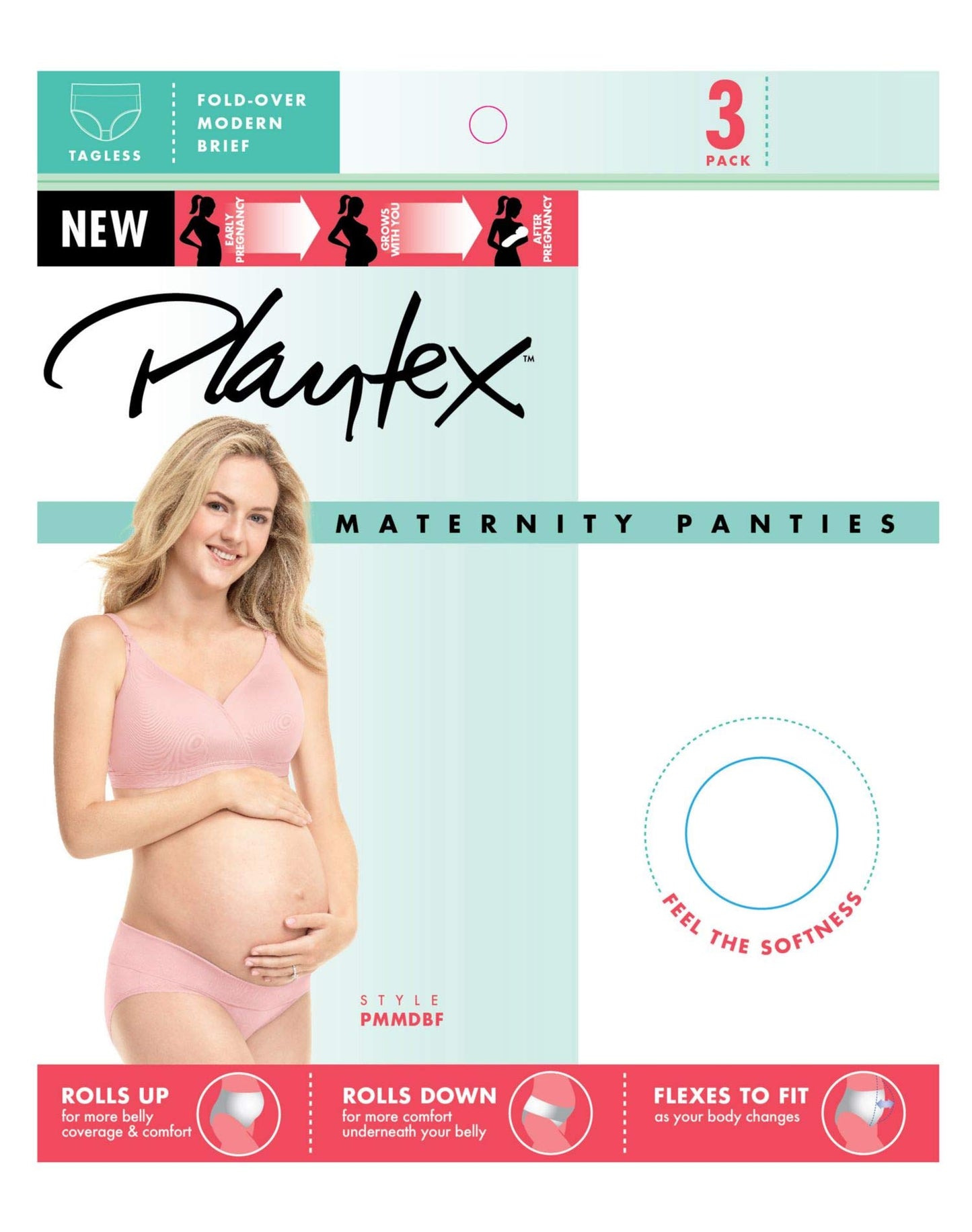 Playtex Women's Maternity Fold Down Modern Brief Panties 3-Pack, in The Navy dot/White/Gentle Peach, Medium