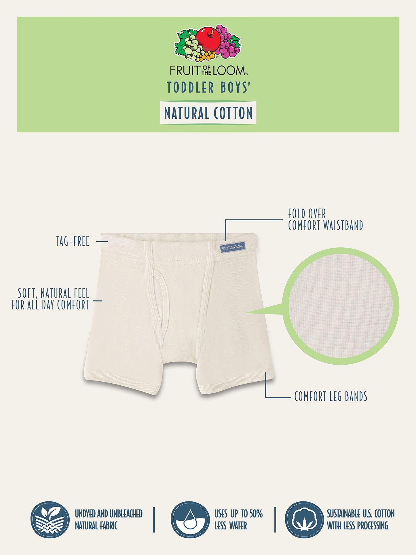 Fruit of the Loom Boys' 12 Pack Natural Cotton Boxer Briefs, Undyed and Unbleached, 4-5T