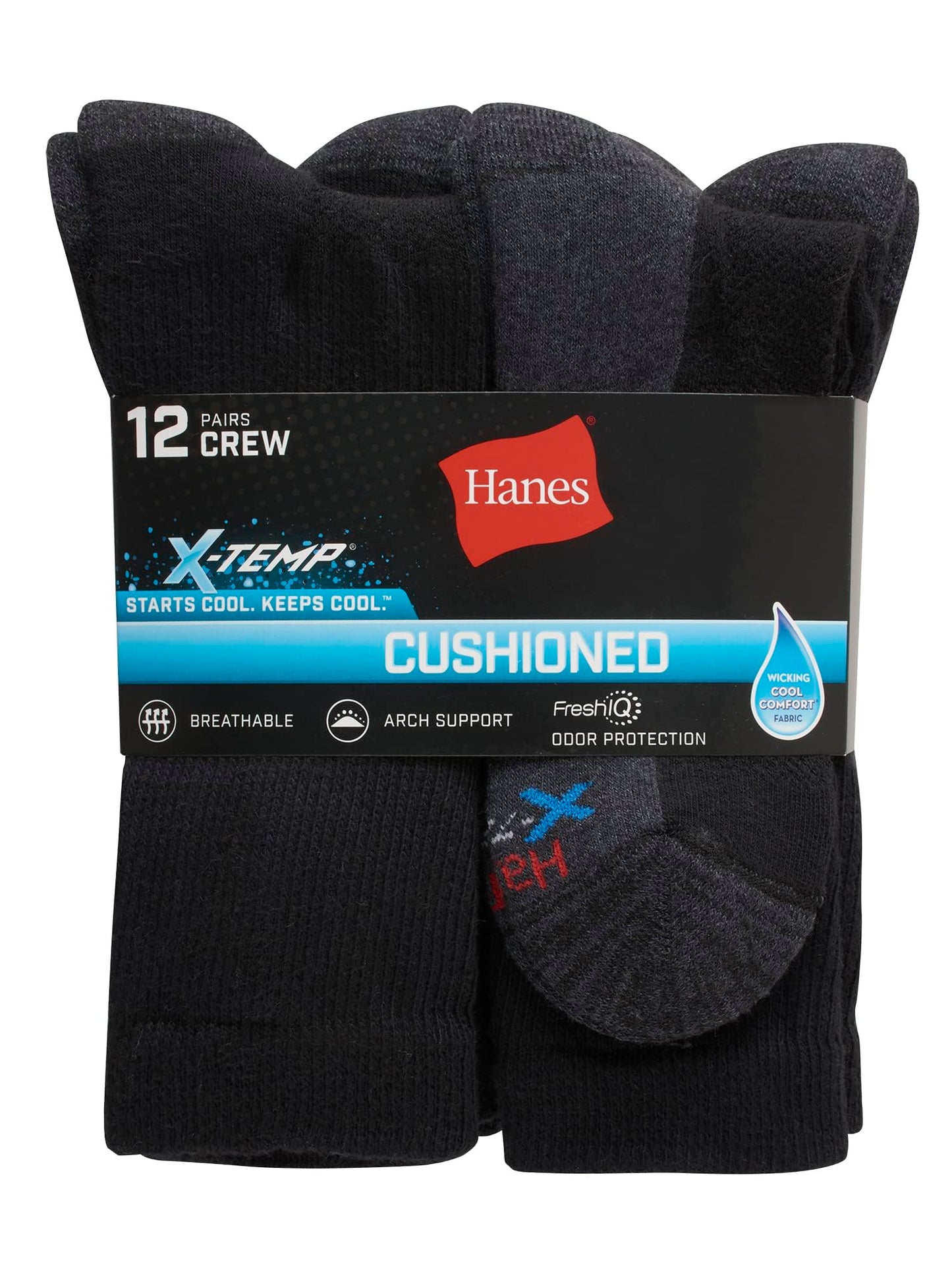 Hanes mens X-temp Cushioned Crew 12-pair Pack, Available in Big & Tall Casual Sock, Black, 12 14 US