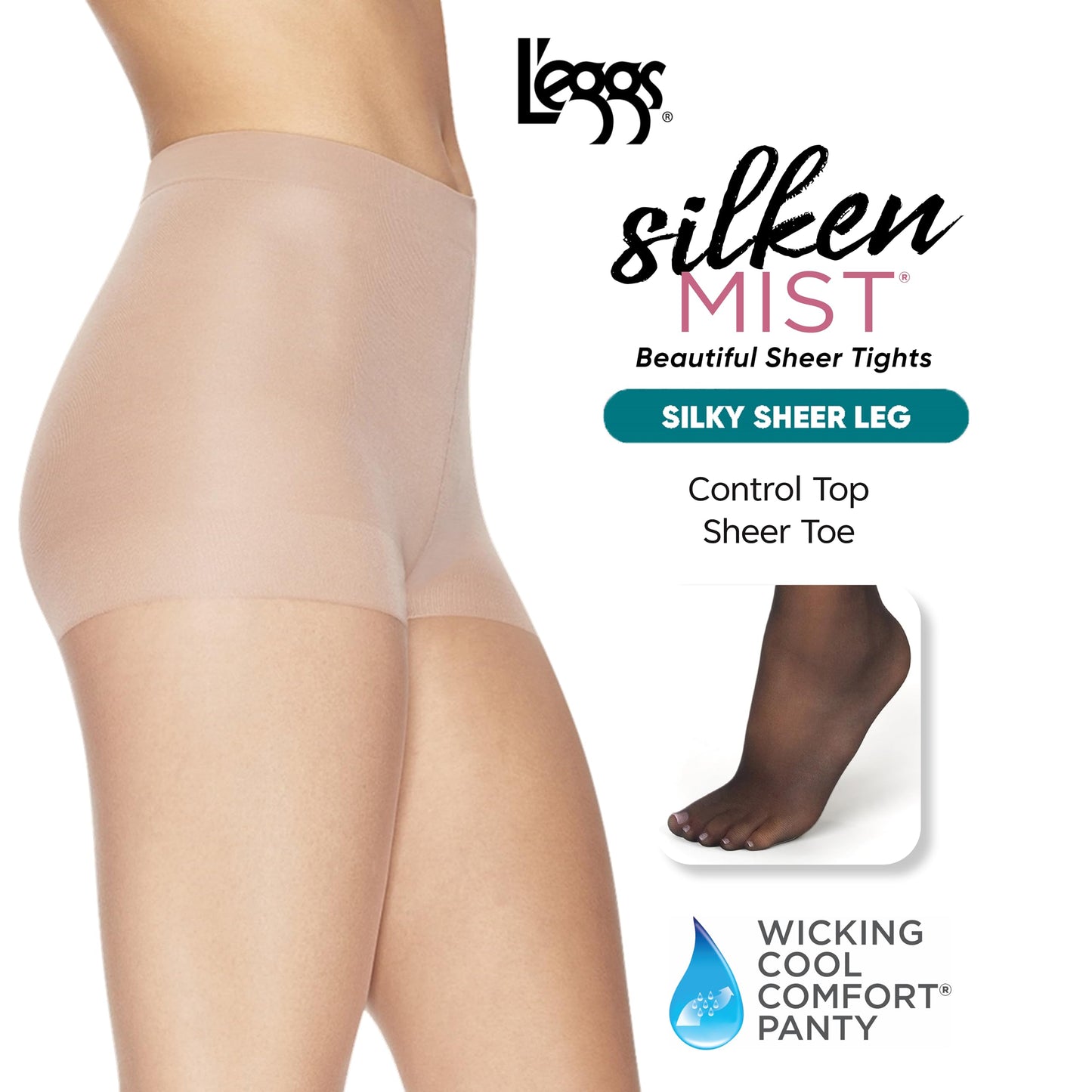 Leggs Womens Silken Mist Control Top Sheer Toe Pantyhose, Q, Jet Black