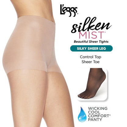 Leggs Womens Silken Mist Control Top Sheer Toe Pantyhose, Q, Jet Black