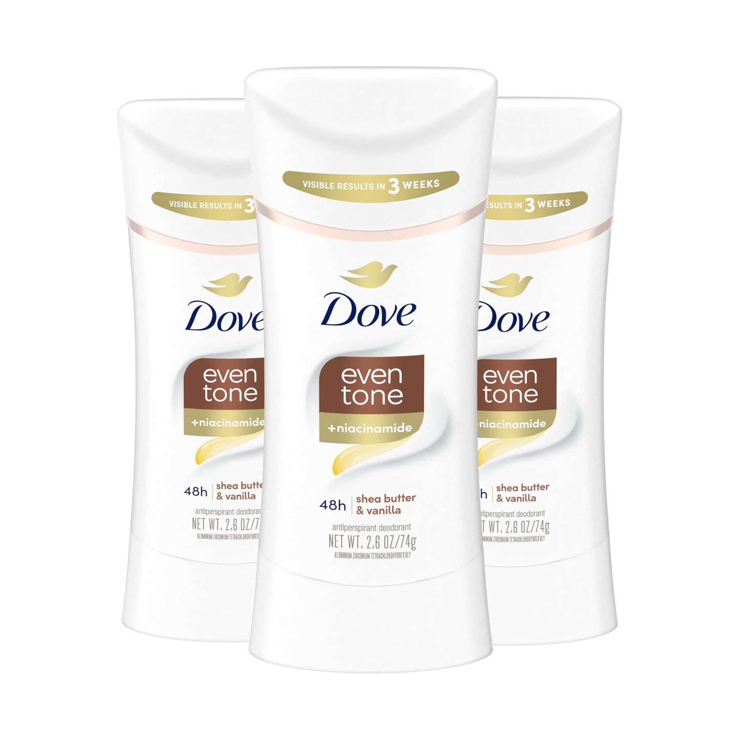 Dove Antiperspirant Deodorant Stick Even Tone Shea Butter & Vanilla Pack of 3 for 48h Odor and Sweat Protection & Skin Restoration, with Niacinamide & Visible Results in 3 Weeks, 2.6 oz