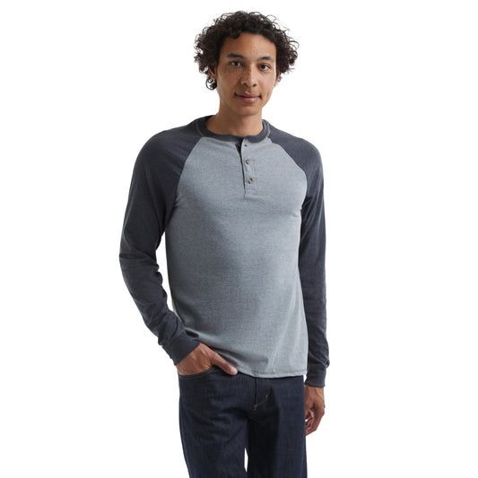Hanes mens Beefy Long Sleeve Three-button Henley Shirt, Oxford Gray/Navy Heather, Large US