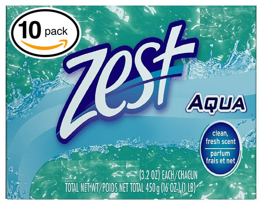 (PACK OF 10 BARS) Zest AQUA Deodorant Bar Soap with Vitamin E. All-in-one exfoliating & moisturizing soap Leaves Skin Smooth & Radian! Great for Hands, Face & Body! (10 Bars, 3.20oz Each Bar)