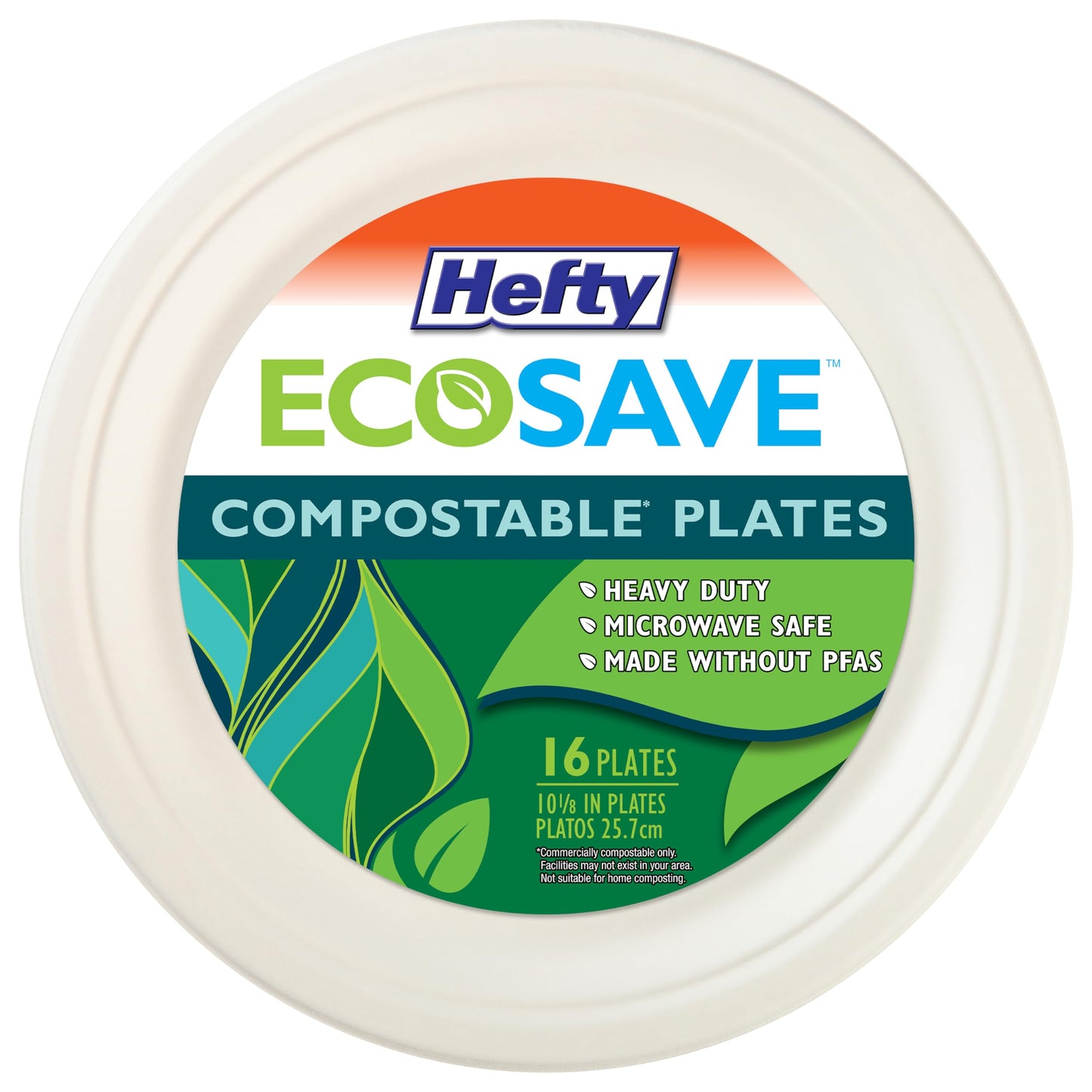 Hefty ECOSAVE Compostable Paper Plates, 10-1/8 Inch, 16 Count
