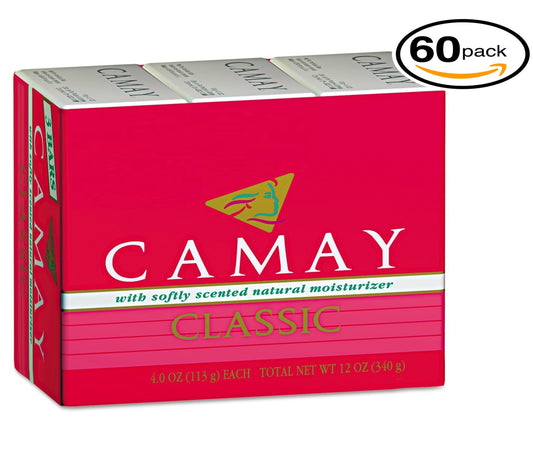 (6 Pack)-Camay Classic Moisturizing Soap Bars, 3 bars 4.0 oz each, Total of 18 Bath Bars (60-Pack, 4.0oz / 113g each Bar, Camay Romantic Red with Natural Moisturizer)