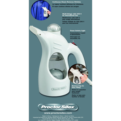 Proctor Silex Handheld Garment Steamer for Clothes, Fabric and Drapes, Continuous Steam, Portable Wrinkle-Remover for Home and Travel, Vacation Essentials, 120/240 Volt, 800W, White (11579PS)