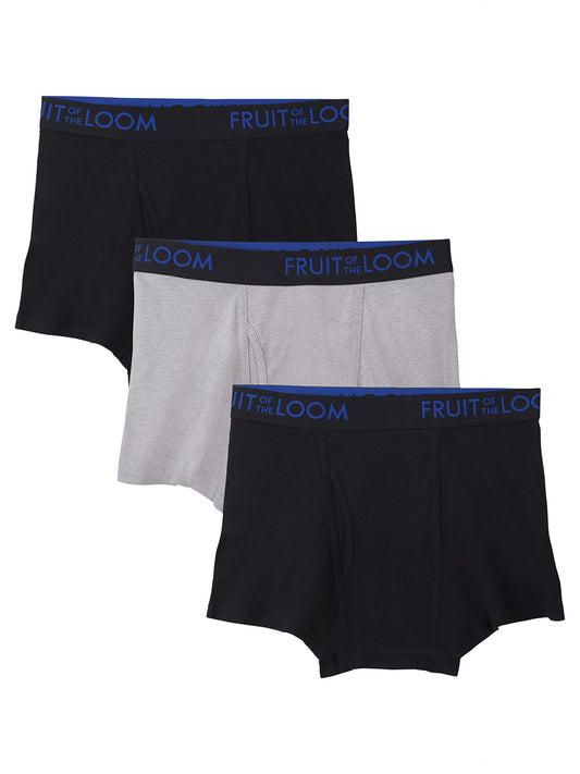 Fruit of the Loom Men's 3pk Breathable Cotton Micro-mesh Short Leg Boxer Brief, black/gray, Small