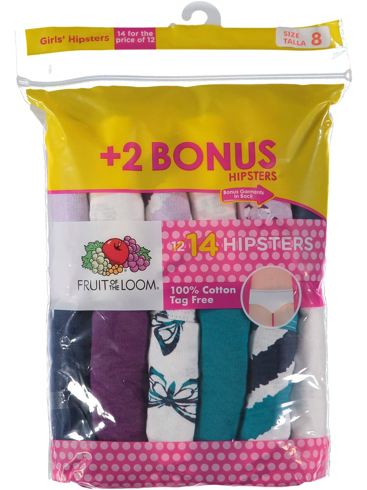 Fruit of the Loom Girls' Cotton Hipster Underwear (14 Pack - Cotton Assorted, 8, numeric_8)