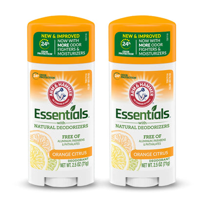 ARM & HAMMER Essentials Deodorant- Orange Citrus- Solid Oval - Made with Natural Deodorizers- Free From Aluminum, Parabens & Phthalates, 2.5 oz (Pack of 3)