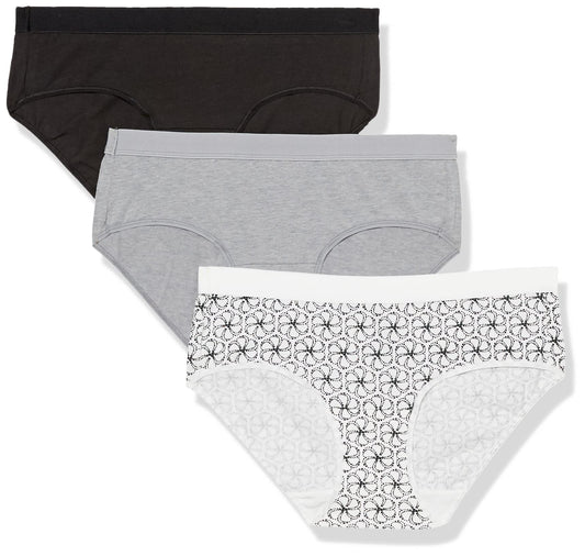 Hanes Ultimate Women's, Moisture-Wicking Underwear, Stretch Hipster Briefs, 3-Pack (Colors May Vary), Concrete Heather, Black, Mod Fleur Burst, 9