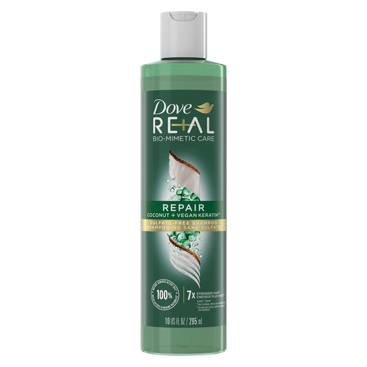 Dove RE+AL Bio-Mimetic Care Shampoo For Damaged Hair Repair Coconut + Vegan Keratin Sulfate-Free Coconut Shampoo 10oz