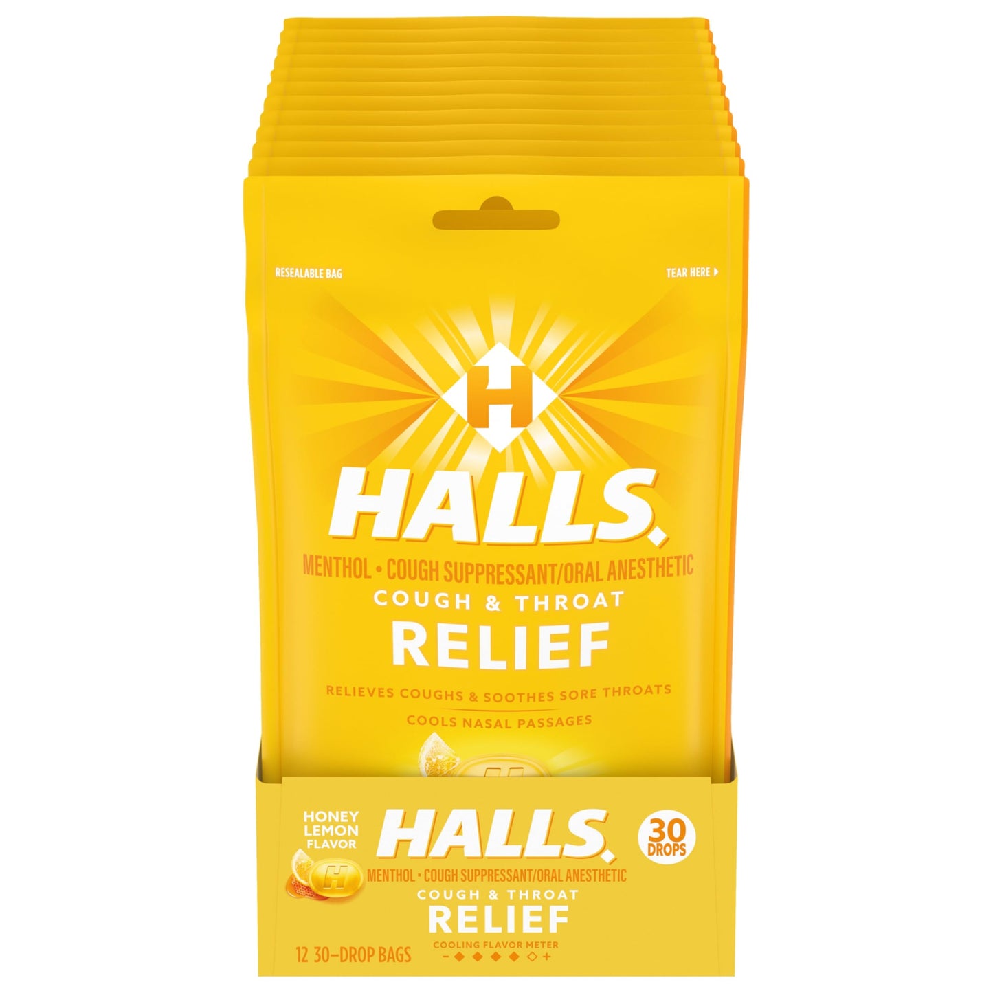 Halls Honey Lemon Triple Soothing Action Cough Suppressant/Oral Anesthetic Drops 30 ct (Pack of 12)