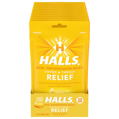 Halls Honey Lemon Triple Soothing Action Cough Suppressant/Oral Anesthetic Drops 30 ct (Pack of 12)