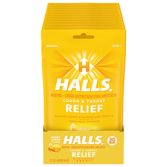 Halls Honey Lemon Triple Soothing Action Cough Suppressant/Oral Anesthetic Drops 30 ct (Pack of 12)