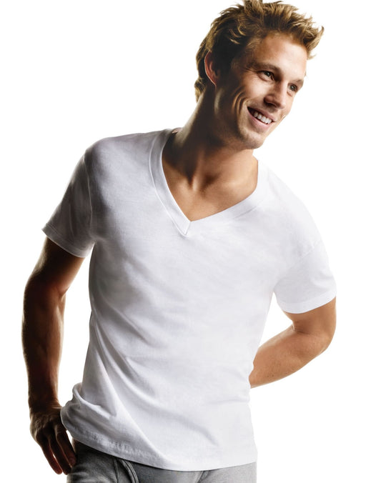 Mens Hanes White V Neck T 5 Pack, XXL-White