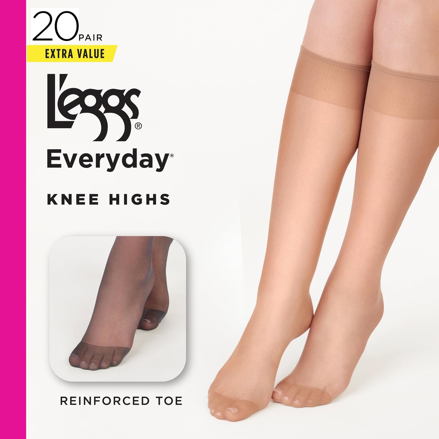 L'eggs Women's Everyday Knee High Stockings, Reinforced Toe, 100% Nylon, Nude, One Size (Pack of 20)