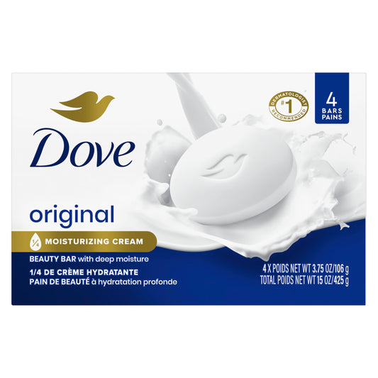 Dove Beauty Bar Soap Original 4 Count for Soft, Smooth Skin, with 1/4 Moisturizing Cream 4.75 oz