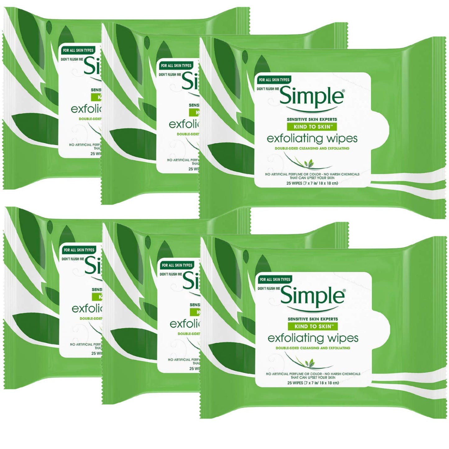 Simple Exfoliating Wipes with Vitamin E Oil, Kind to Skin - 25 Wipes x 6 Pack (150 Wipes)