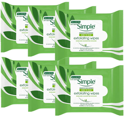 Simple Exfoliating Wipes with Vitamin E Oil, Kind to Skin - 25 Wipes x 6 Pack (150 Wipes)